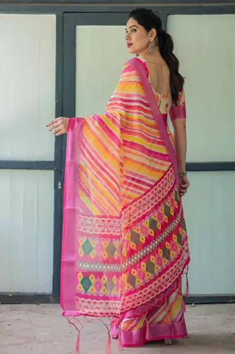 pink colour Ready to wear saree with unstitched blouse