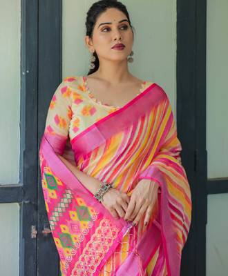 pink colour Ready to wear saree with unstitched blouse 4