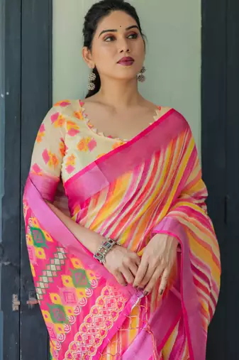 pink colour Ready to wear saree with unstitched blouse