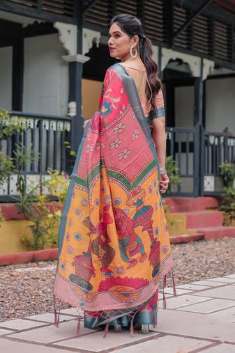 pink colour Ready to wear saree with unstitched blouse