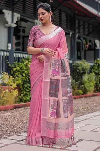 pink colour Ready to wear saree with unstitched blouse