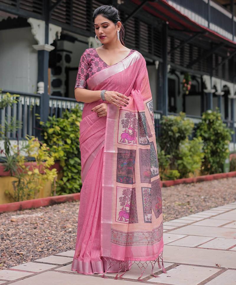 pink colour Ready to wear saree with unstitched blouse