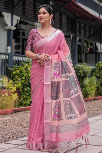 pink colour Ready to wear saree with unstitched blouse
