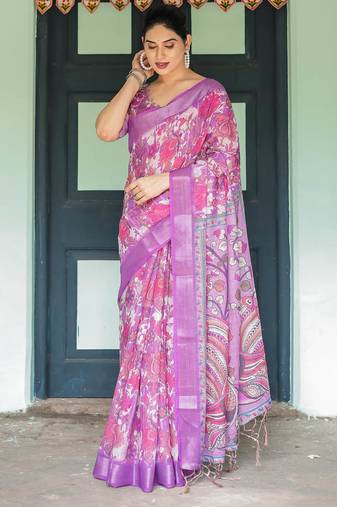 purple colour Ready to wear saree with unstitched blouse