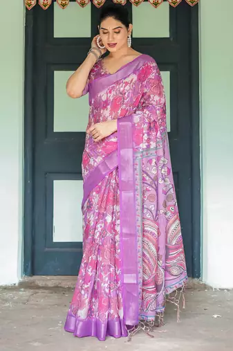 purple colour Ready to wear saree with unstitched blouse