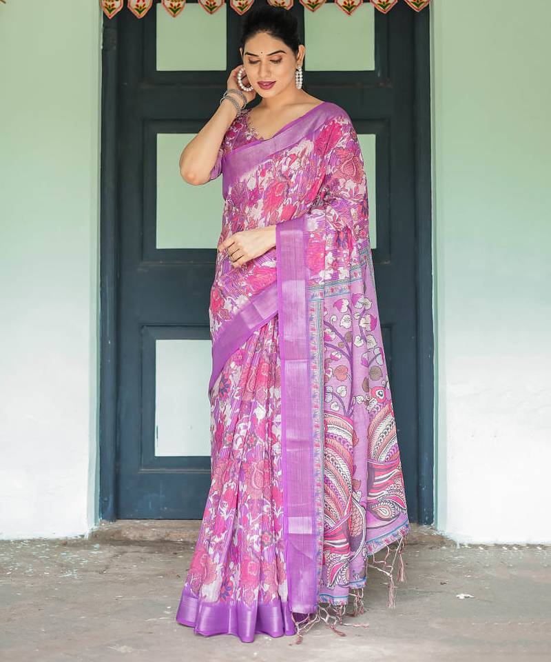 purple colour Ready to wear saree with unstitched blouse