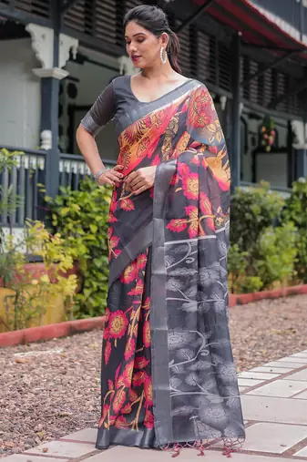 grey color Ready to wear saree with unstitched blouse