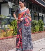 grey color Ready to wear saree with unstitched blouse