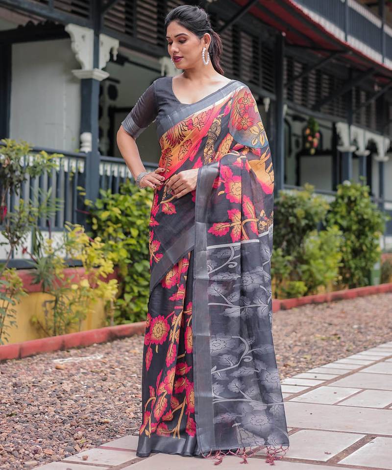 grey color Ready to wear saree with unstitched blouse