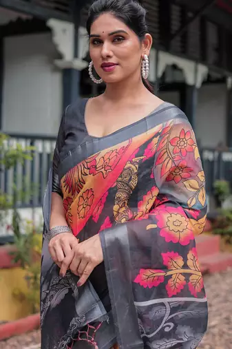 grey color Ready to wear saree with unstitched blouse
