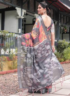 grey color Ready to wear saree with unstitched blouse 5