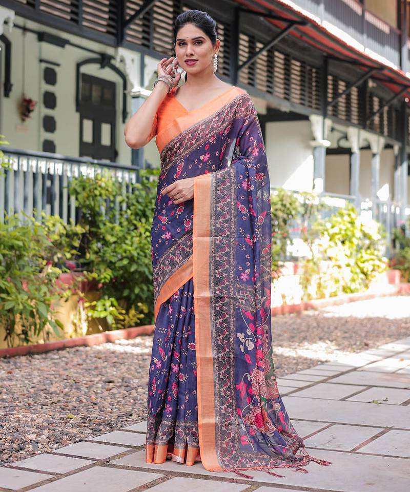 blue color Ready to wear saree with unstitched blouse