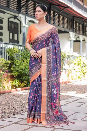 blue color Ready to wear saree with unstitched blouse