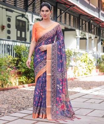 blue color Ready to wear saree with unstitched blouse 5