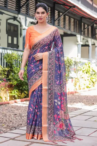 blue color Ready to wear saree with unstitched blouse