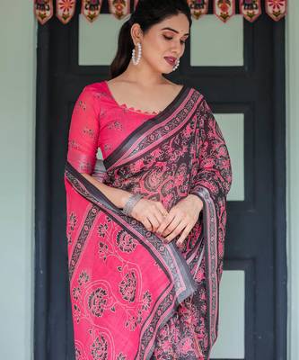 pink color Ready to wear saree with unstitched blouse 2
