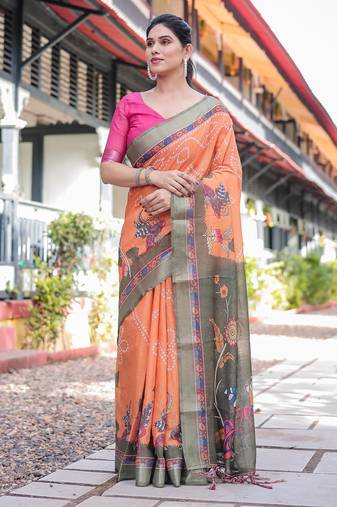 orange color Ready to wear saree with unstitched blouse