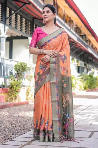 orange color Ready to wear saree with unstitched blouse