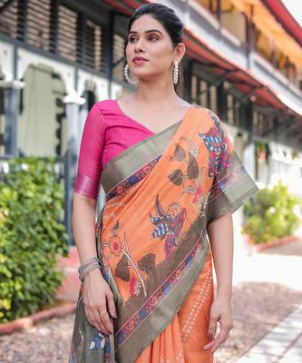 orange color Ready to wear saree with unstitched blouse 3