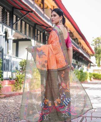 orange color Ready to wear saree with unstitched blouse 5