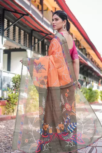 orange color Ready to wear saree with unstitched blouse