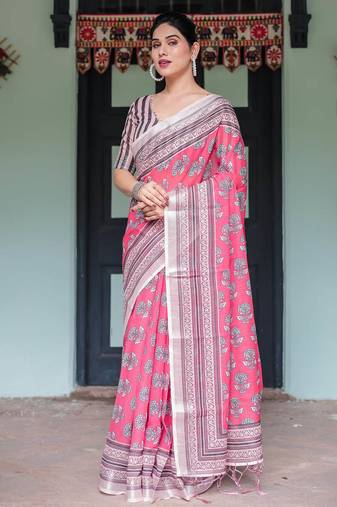 pink pre draped saree