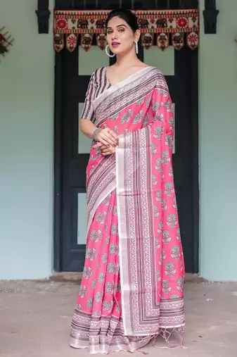 pink color Ready to wear saree with unstitched blouse