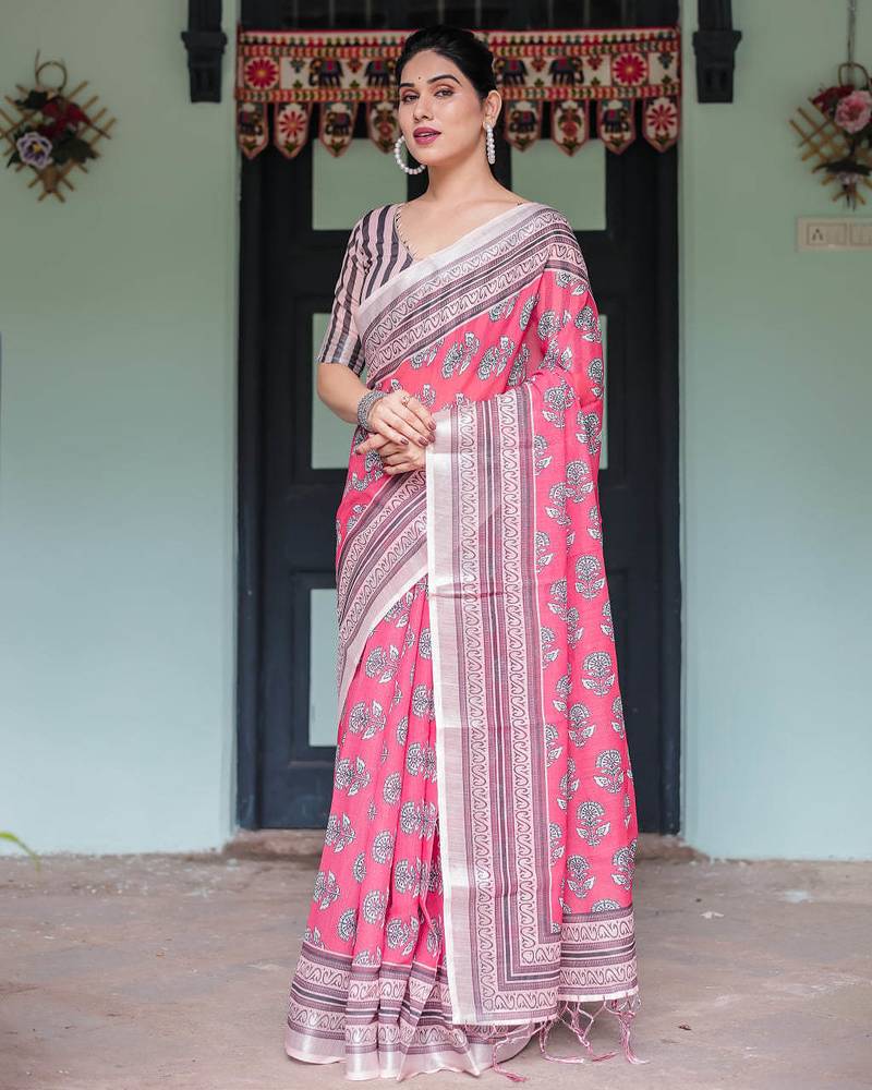 pink color Ready to wear saree with unstitched blouse