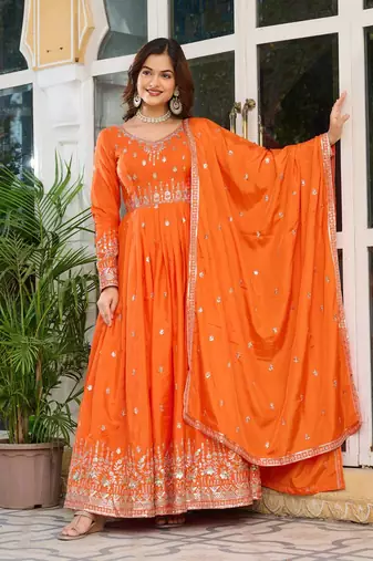 Orange Readymade Kurti Pant & Dupatta Set With Embroidered Work