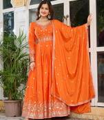 Orange Readymade Kurti Pant & Dupatta Set With Embroidered Work