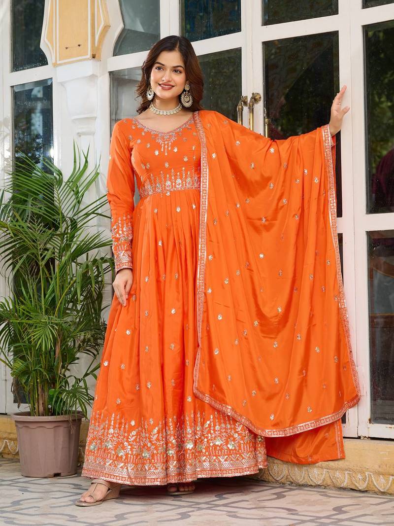 Orange Readymade Kurti Pant & Dupatta Set With Embroidered Work