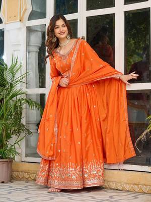 Orange Readymade Kurti Pant & Dupatta Set With Embroidered Work 2
