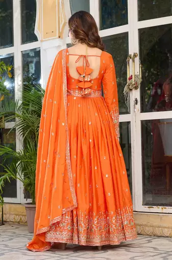 Orange Readymade Kurti Pant & Dupatta Set With Embroidered Work