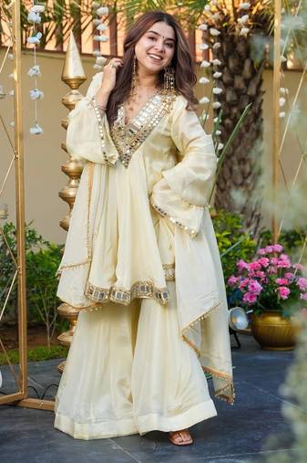 Cream chinon silk mirror embroidered v neck kurta palazzo set with dupatta