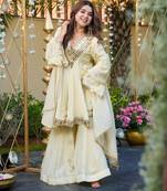 Cream chinon silk mirror embroidered v neck kurta palazzo set with dupatta