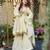 Cream chinon silk mirror embroidered v neck kurta palazzo set with dupatta
