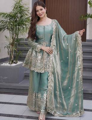 Mehendi green silk sequin embroidered round neck kurta sharara set 1