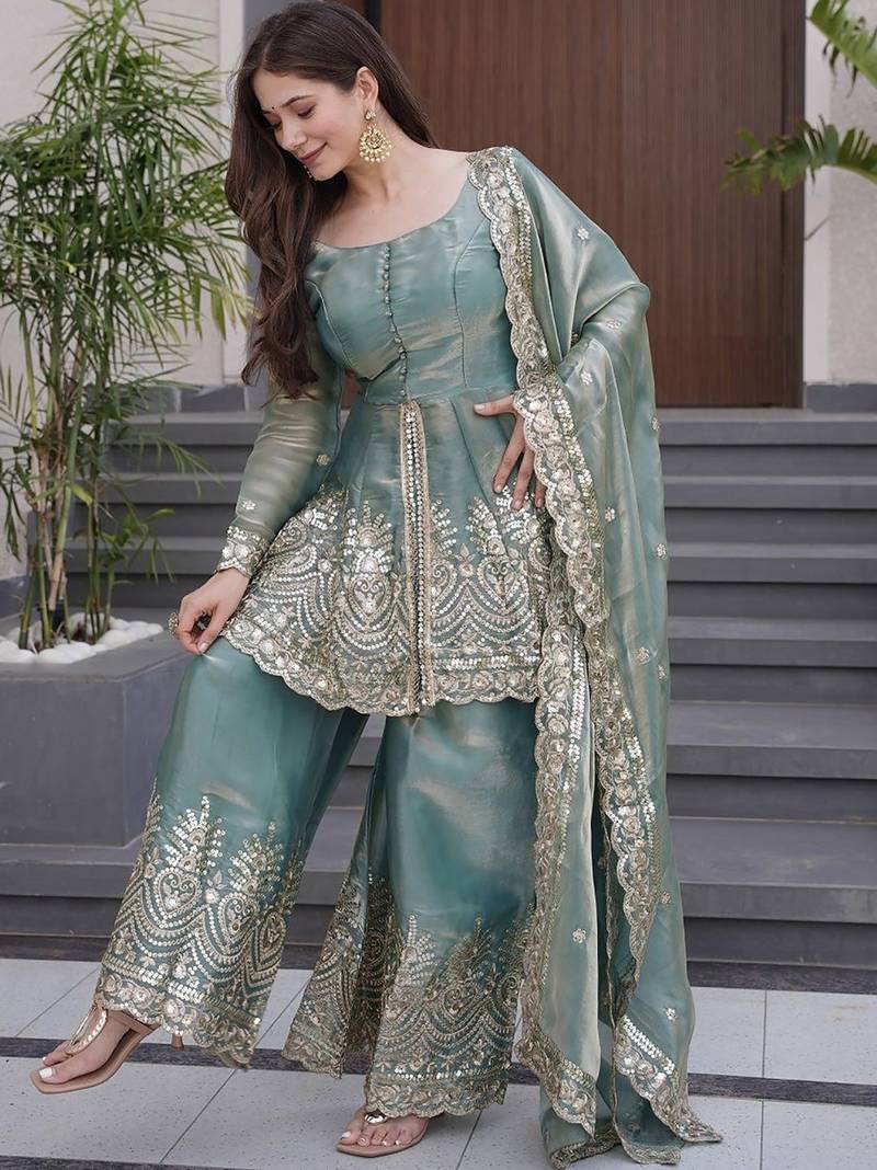 Mehendi green silk sequence embroidered round neck kurta sharara set
