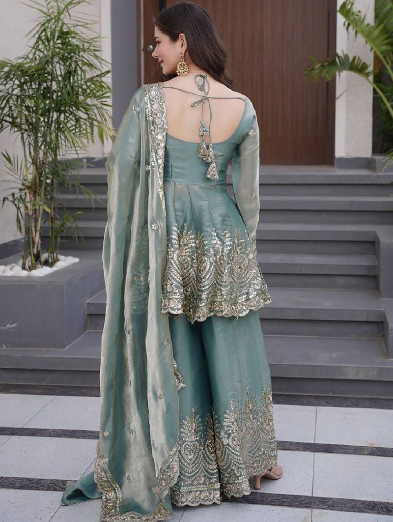 Mehendi green silk sequence embroidered round neck kurta sharara set