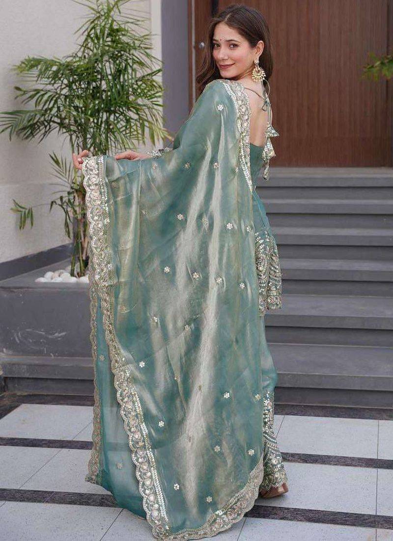 Mehendi green silk sequence embroidered round neck kurta sharara set