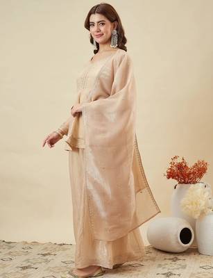 Cream silk sequin embroidered v neck kurta sharara set with dupatta 3