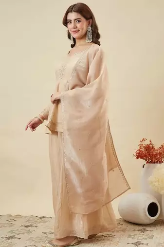 Cream silk sequin embroidered v neck kurta sharara set with dupatta