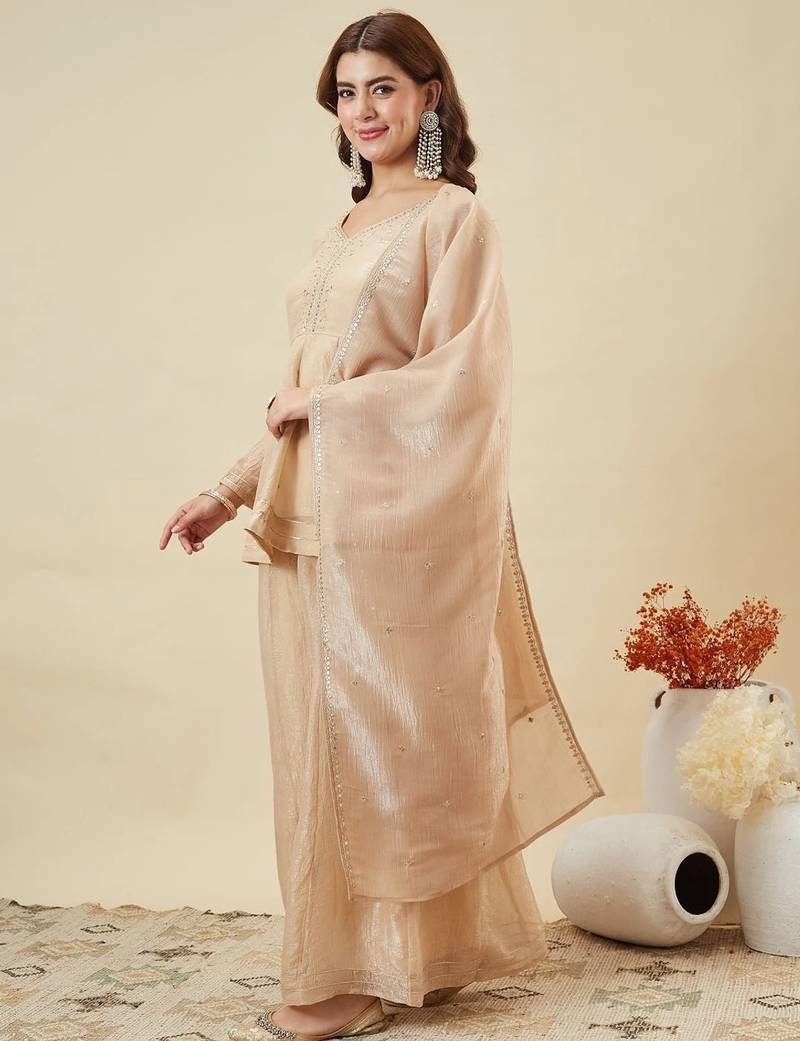 Cream silk sequence embroidered v neck kurta sharara set with dupatta
