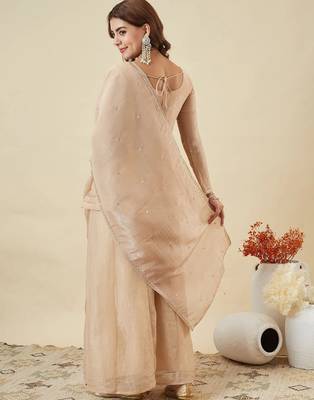 Cream silk sequin embroidered v neck kurta sharara set with dupatta 4