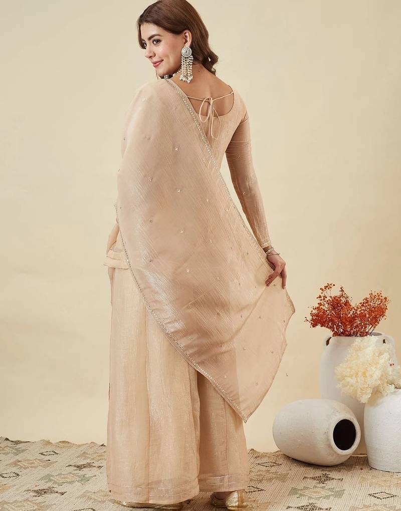 Cream silk sequence embroidered v neck kurta sharara set with dupatta