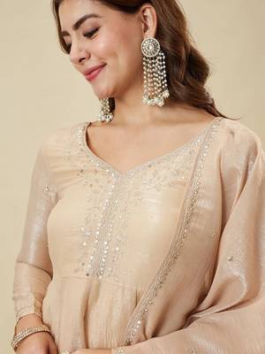 Cream silk sequin embroidered v neck kurta sharara set with dupatta 5