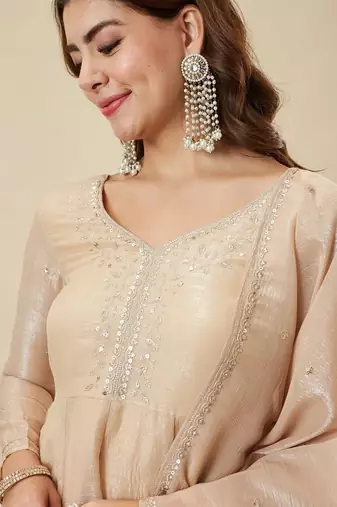 Cream silk sequin embroidered v neck kurta sharara set with dupatta