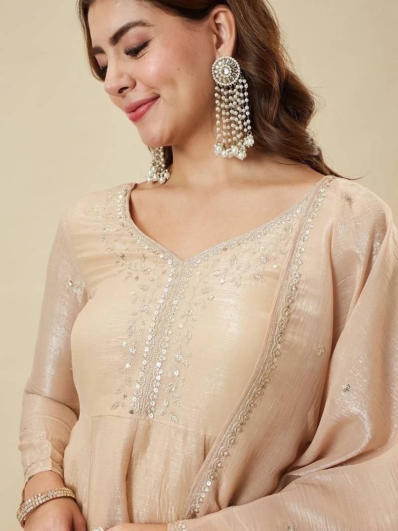 Cream silk sequence embroidered v neck kurta sharara set with dupatta