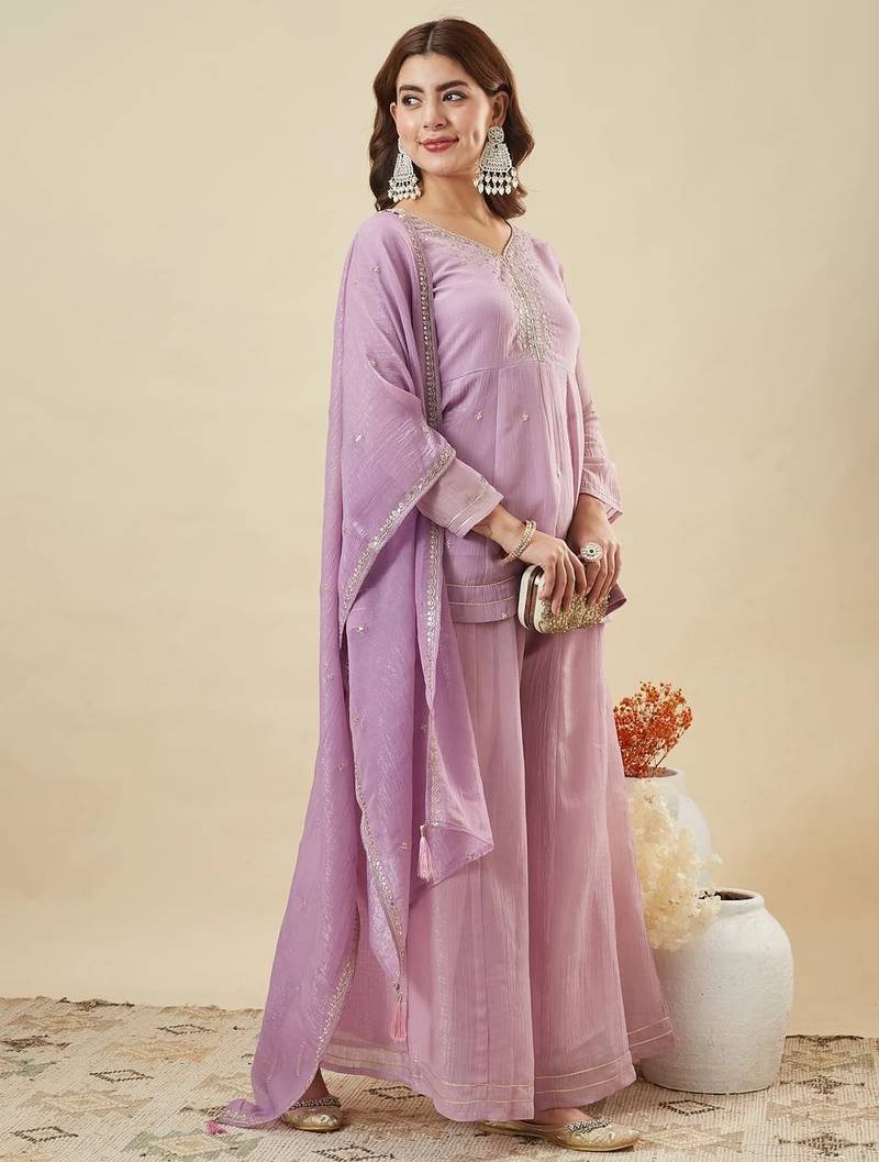 Lavender silk sequence embroidered v neck kurta sharara set with dupatta