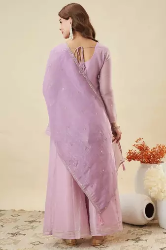 Lavender silk sequin embroidered v neck kurta sharara set with dupatta